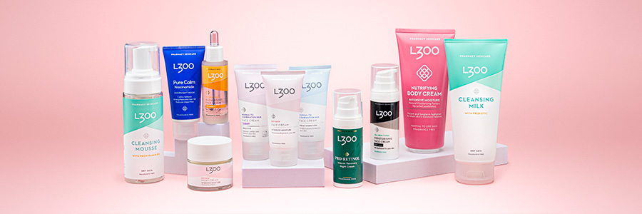 L300 produkter mot rosa bakgrund.