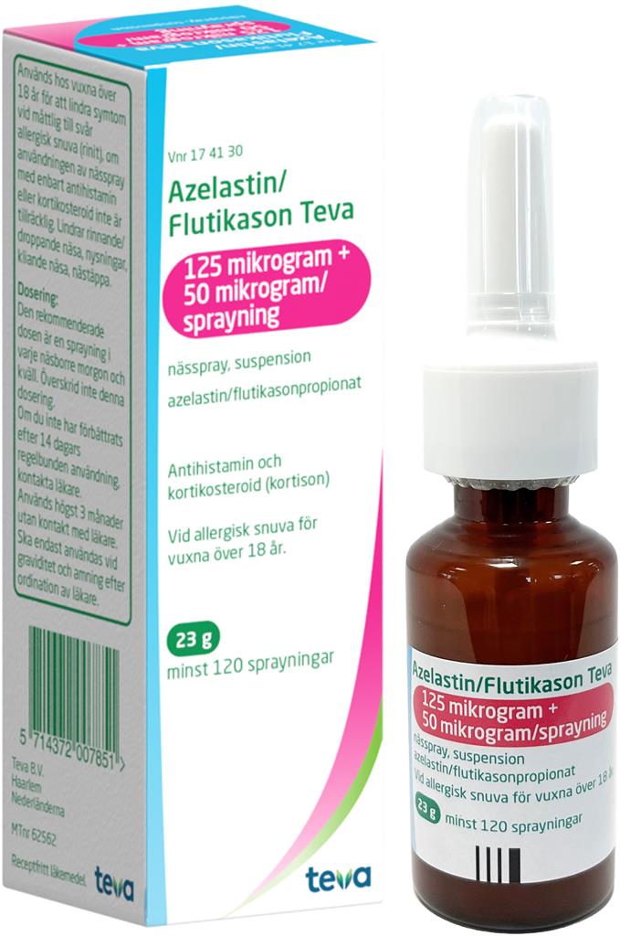 Bild på Azelastin/Flutikason Teva, nässpray, susp 125 mikrogram + 50 mikrogram/spraynin, 120 doser