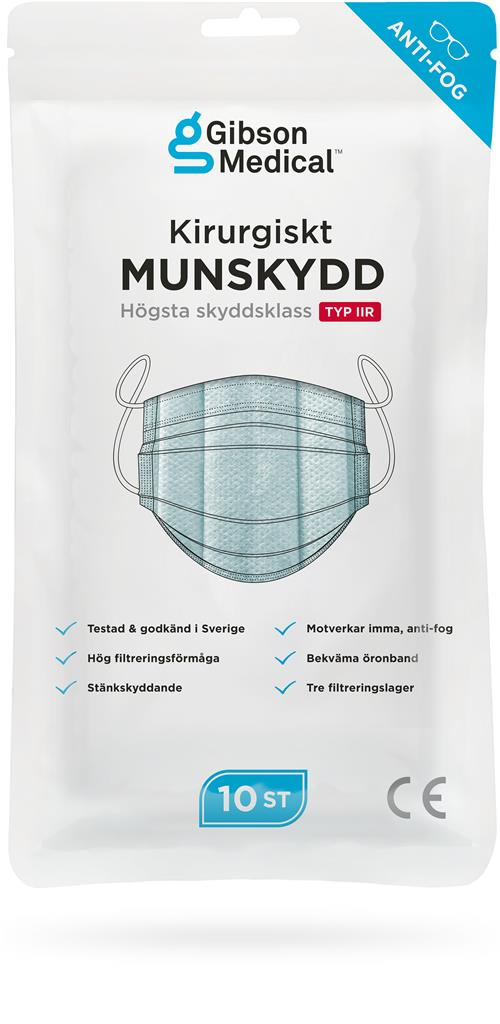 Bild på Gibson Medical Kirurgiskt munskydd typ IIR - öronband, anti-fog blå, 10 st
