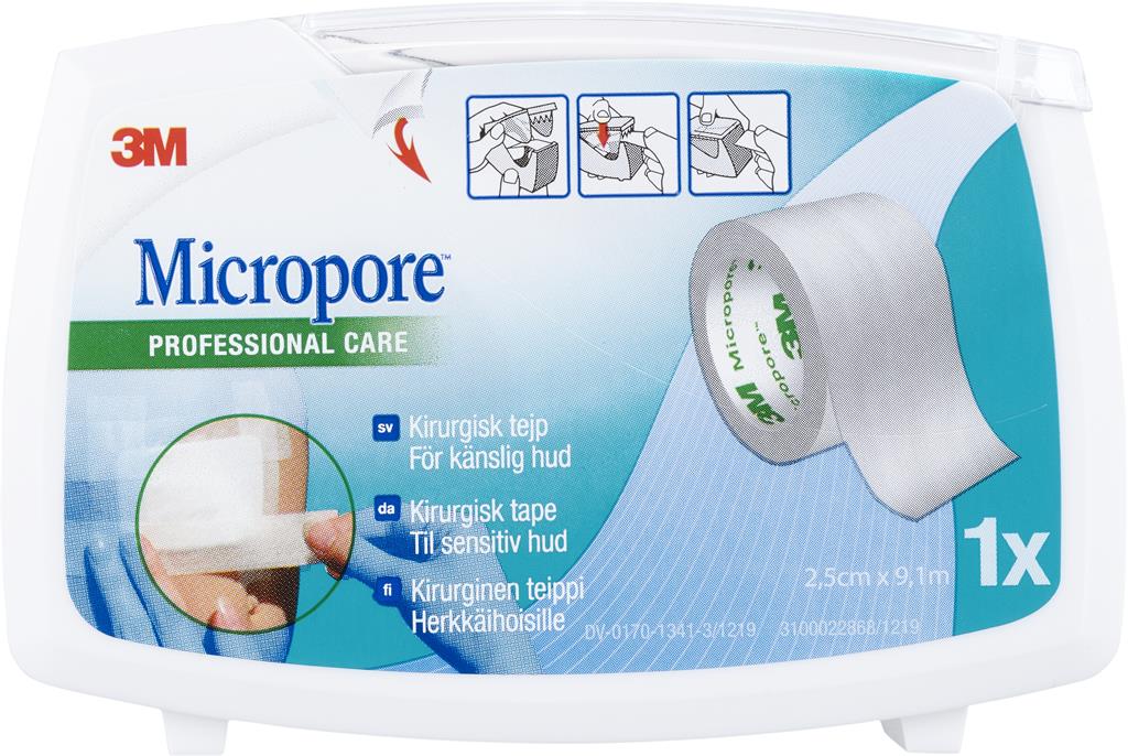 Bild på Micropore Kirurgisk Tejp med hållare Vit 2,5 cm x 9,1 m, 1 styck
