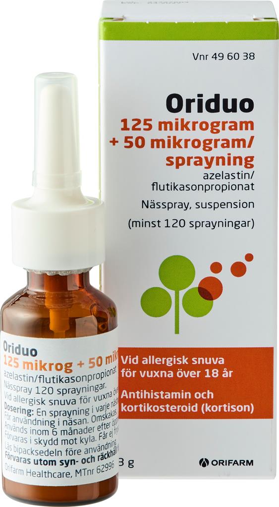 Bild på Oriduo, nässpray, suspension 125 mikrogram + 50 mikrogram/sprayning, 120 doser