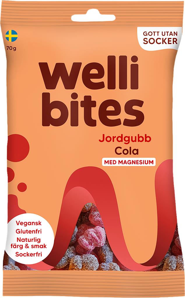 Bild på Wellibites Sockerfri Vegangodis Jordgubb Cola, 70 g
