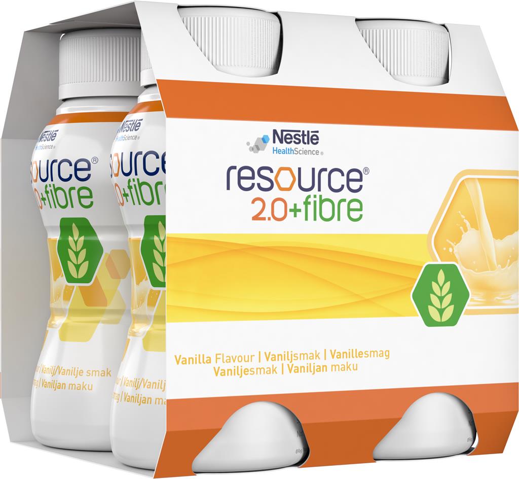 Bild på Resource 2,0 + fibre, drickfärdigt, komplett kosttillägg, vanilj, 4 x 200 milliliter