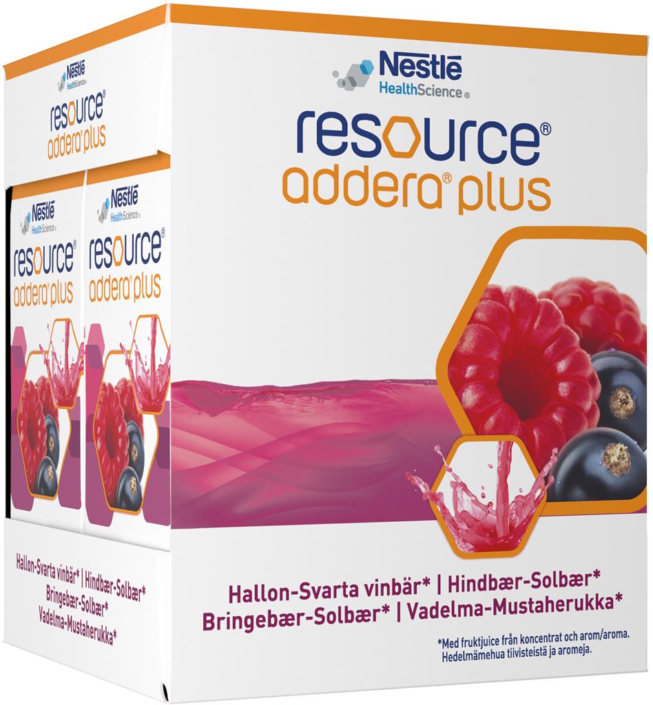 Bild på Resource Addera Plus, hallon-svarta vinbär drickfärdigt kosttillägg, 4 x 200 milliliter