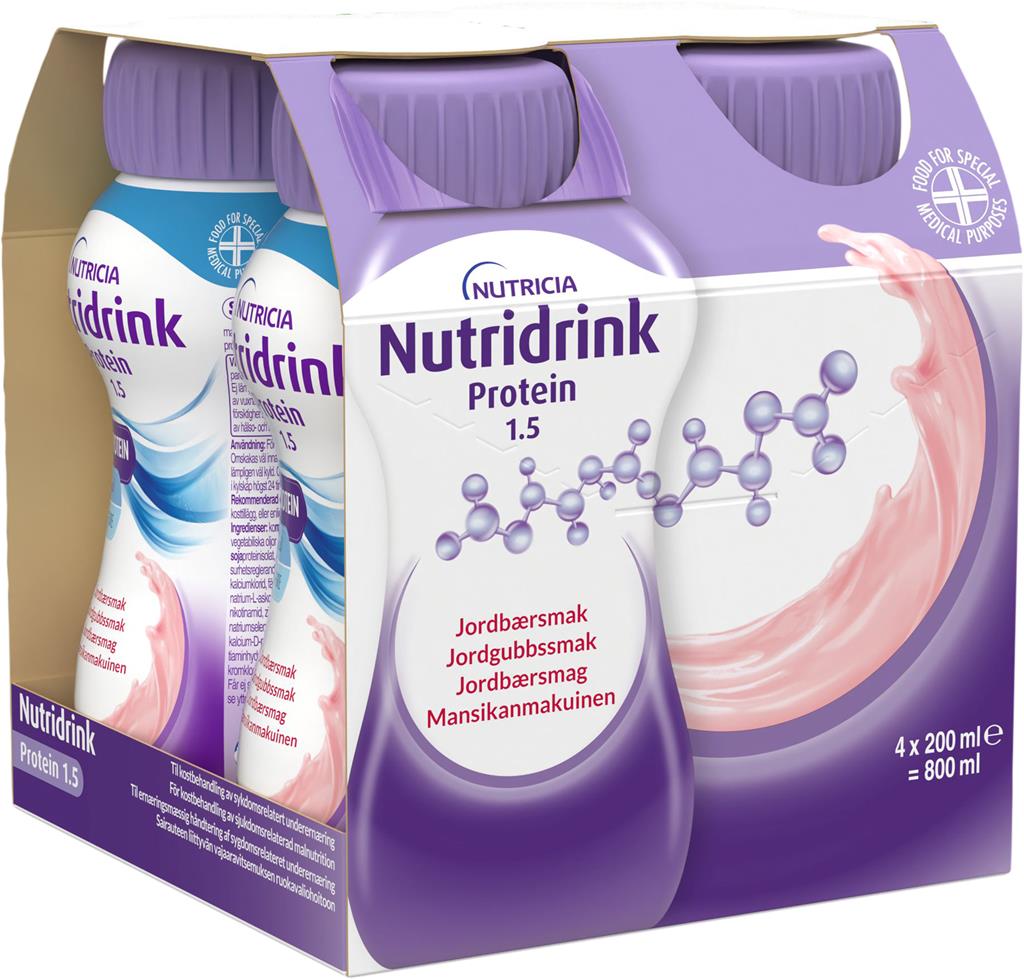 Bild på Nutridrink Protein, jordgubb, energi och proteinrikt kosttillägg, 4 x 200 milliliter