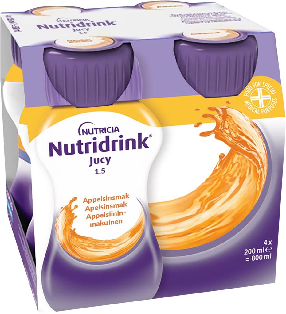 Bild på Nutridrink Jucy, apelsin, energirikt kosttillägg, klar, fettfri, 4 x 200 milliliter