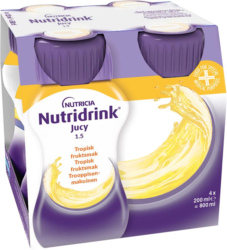 Bild på Nutridrink Jucy, tropisk, energirikt kosttillägg, klar, fettfri, 4 x 200 milliliter