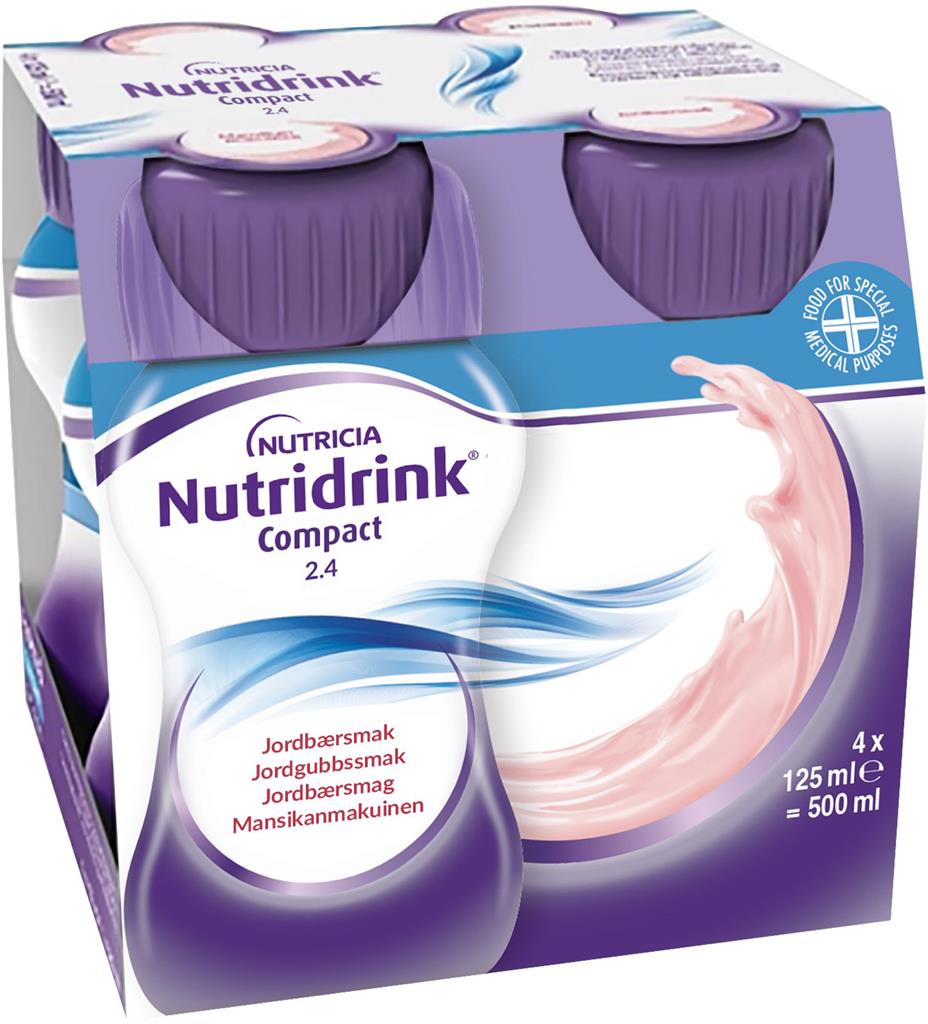 Bild på Nutridrink Compact, jordgubb, energirikt, komplett kosttillägg i liten volym, 4 x 125 milliliter