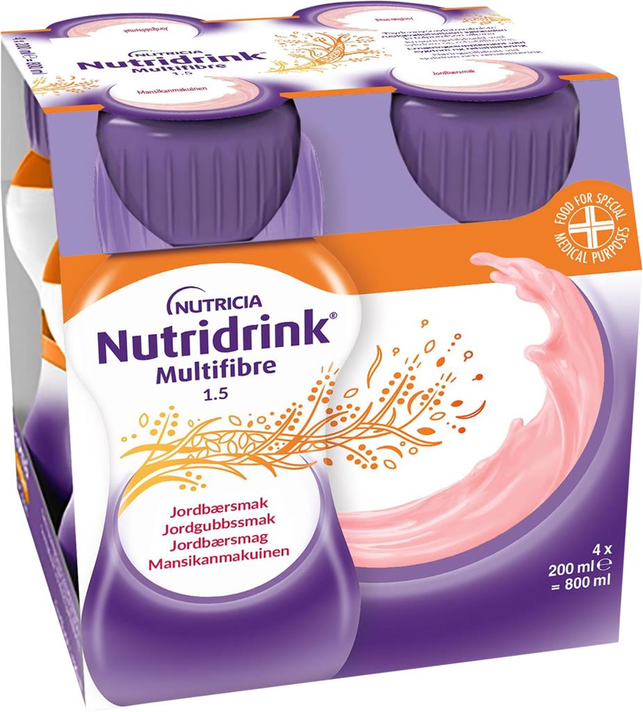 Bild på Nutridrink Multi Fibre, jordgubb, energirikt, komplett kosttillägg med kostfibe, 4 x 200 milliliter