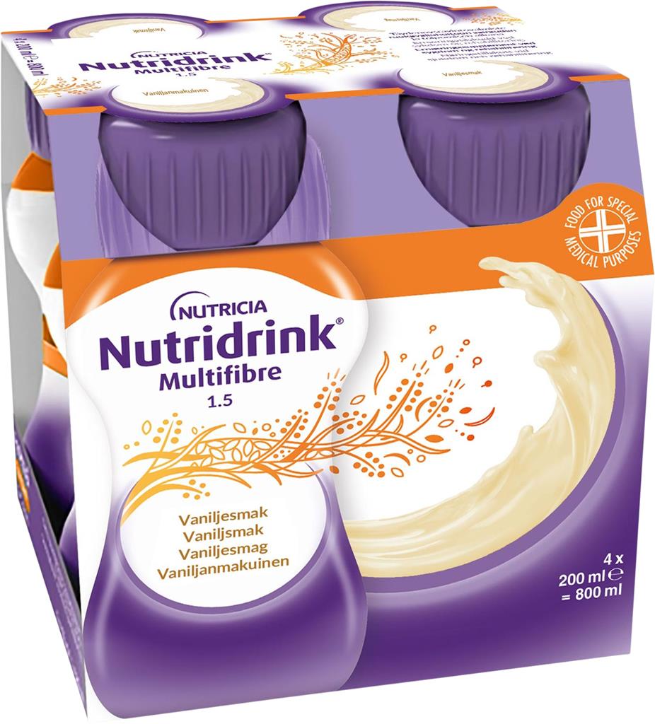 Bild på Nutridrink Multi Fibre, vanilj, energirikt, komplett kosttillägg med kostfiber, 4 x 200 milliliter