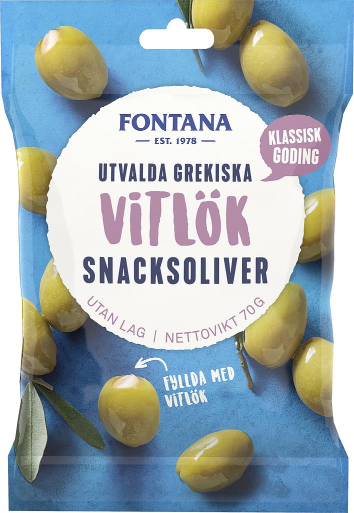 Bild på Fontana Snacksoliver Vitlök Fyllda, 70 g