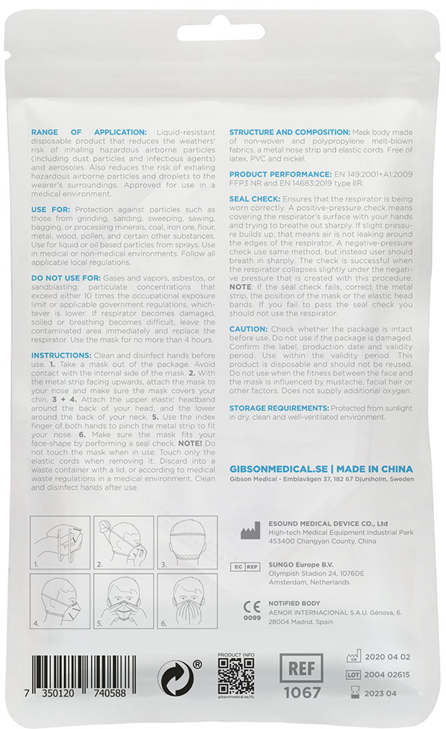 Bild på Gibson Medical Andningsskydd FFP3, 3 st