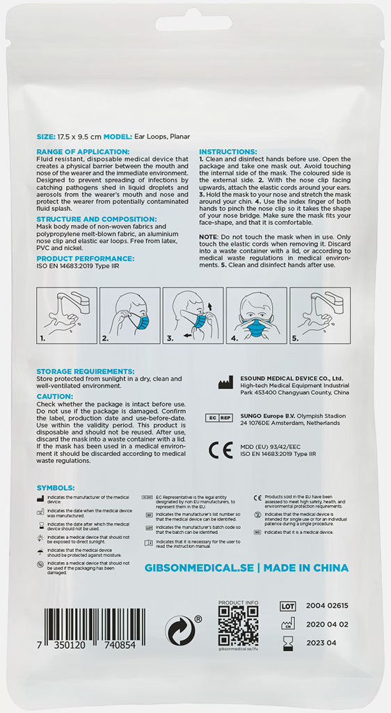 Bild på Gibsons Medical Kirurgiskt munskydd typ IIR – öronband, 10 st