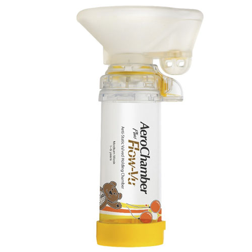 Bild på AeroChamber Plus Flow-Vu andningsbehållare med mask, medium 1-5 år (gul), 1 styck