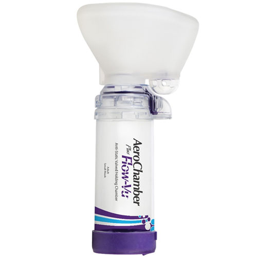 Bild på AeroChamber Plus Flow-Vu andningsbehållare med liten vuxenmask (lila), 1 styck