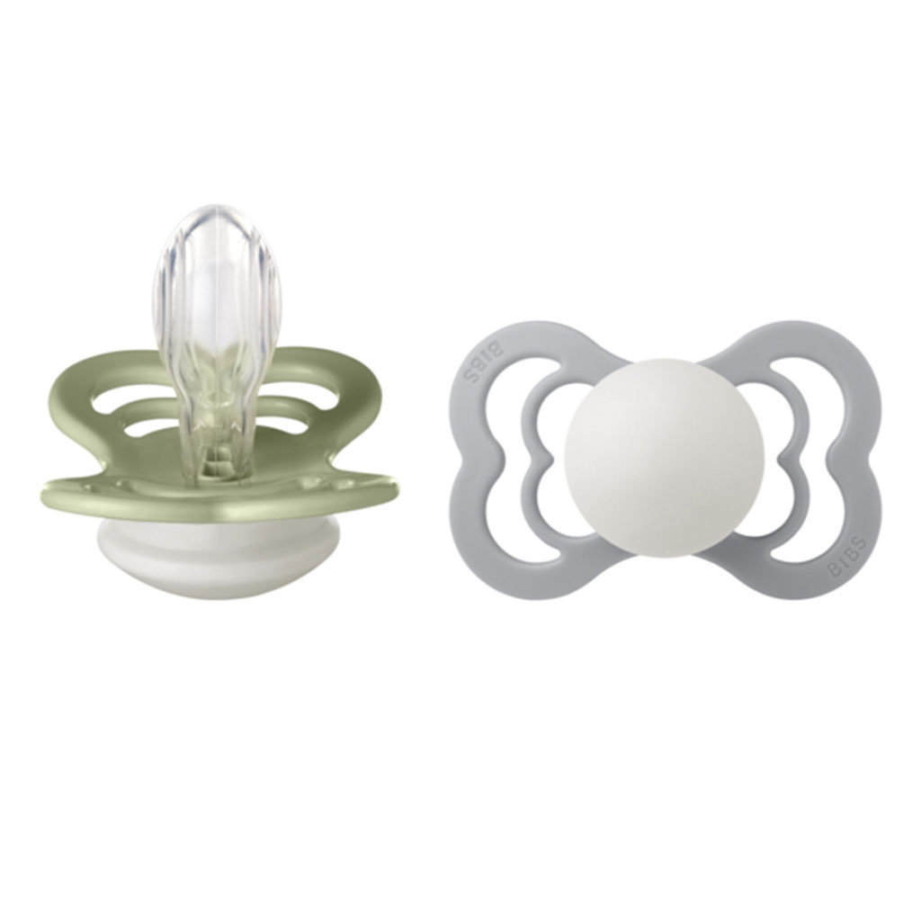 Bild på BIBS Pacifier Supreme Silikon stl2 Sage GLOW/Cloud GLOW, 2 st